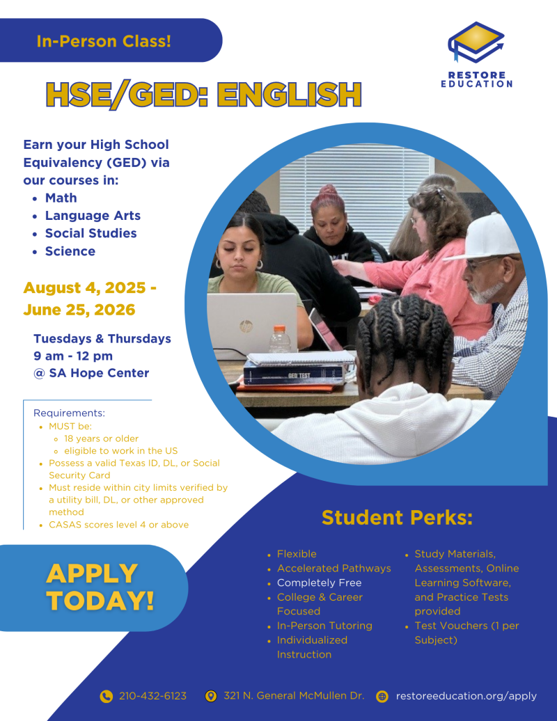Restore Education GED class August 25 - June 26