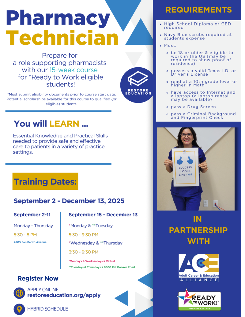 Restore Education Pharmacy Technician Course - Fall 2025