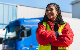 A student in a hi-vis safety vest stands in front of a semi truck as part of Commercial Driver's License (CDL) training in San Antonio.