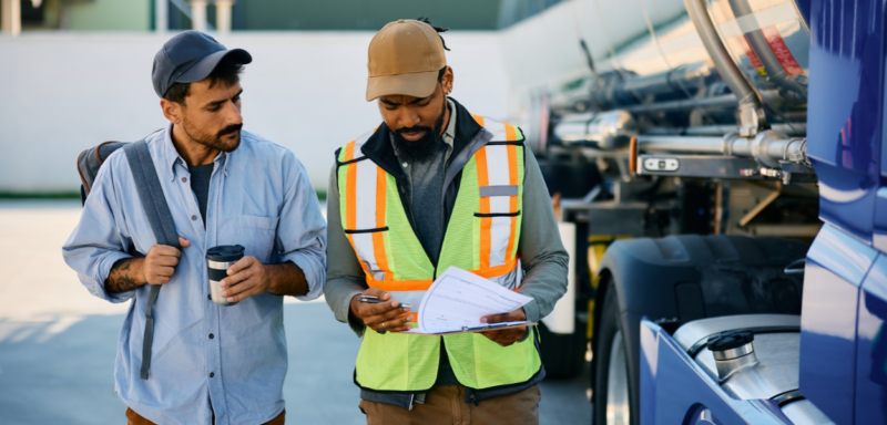 Two commercial truck drivers walking beside a tanker truck while one reviews a vehicle inspection checklist on a clipboard